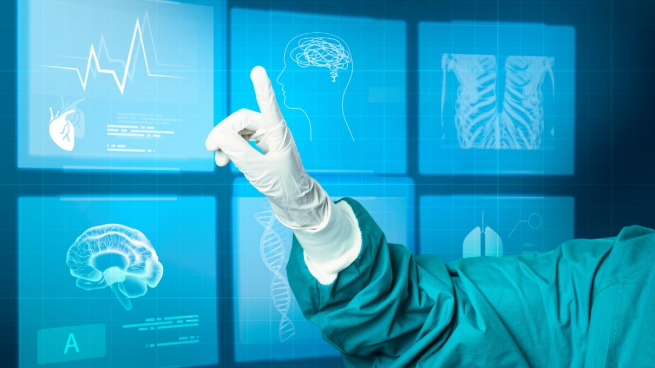 Hand in medical glove pointing to virtual screen medical technology