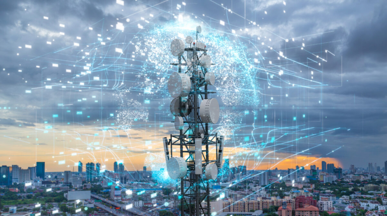 Telecommunication tower with 5G cellular network antenna on city background, Global connection and internet network concept