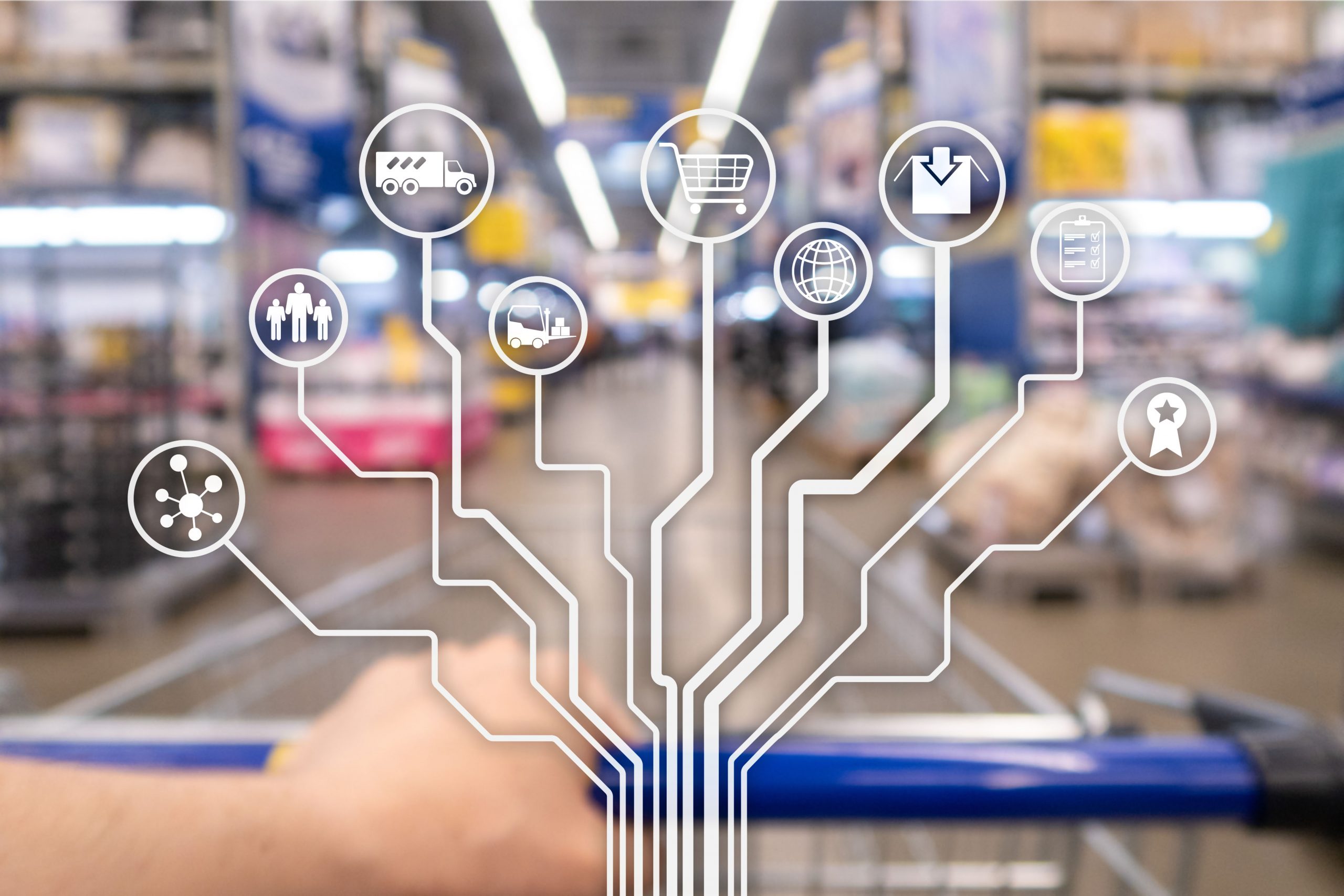 Retail concept marketing channels E-commerce Shopping automation on blurred supermarket background.