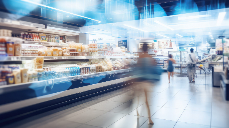 focus blurred grocery store interior